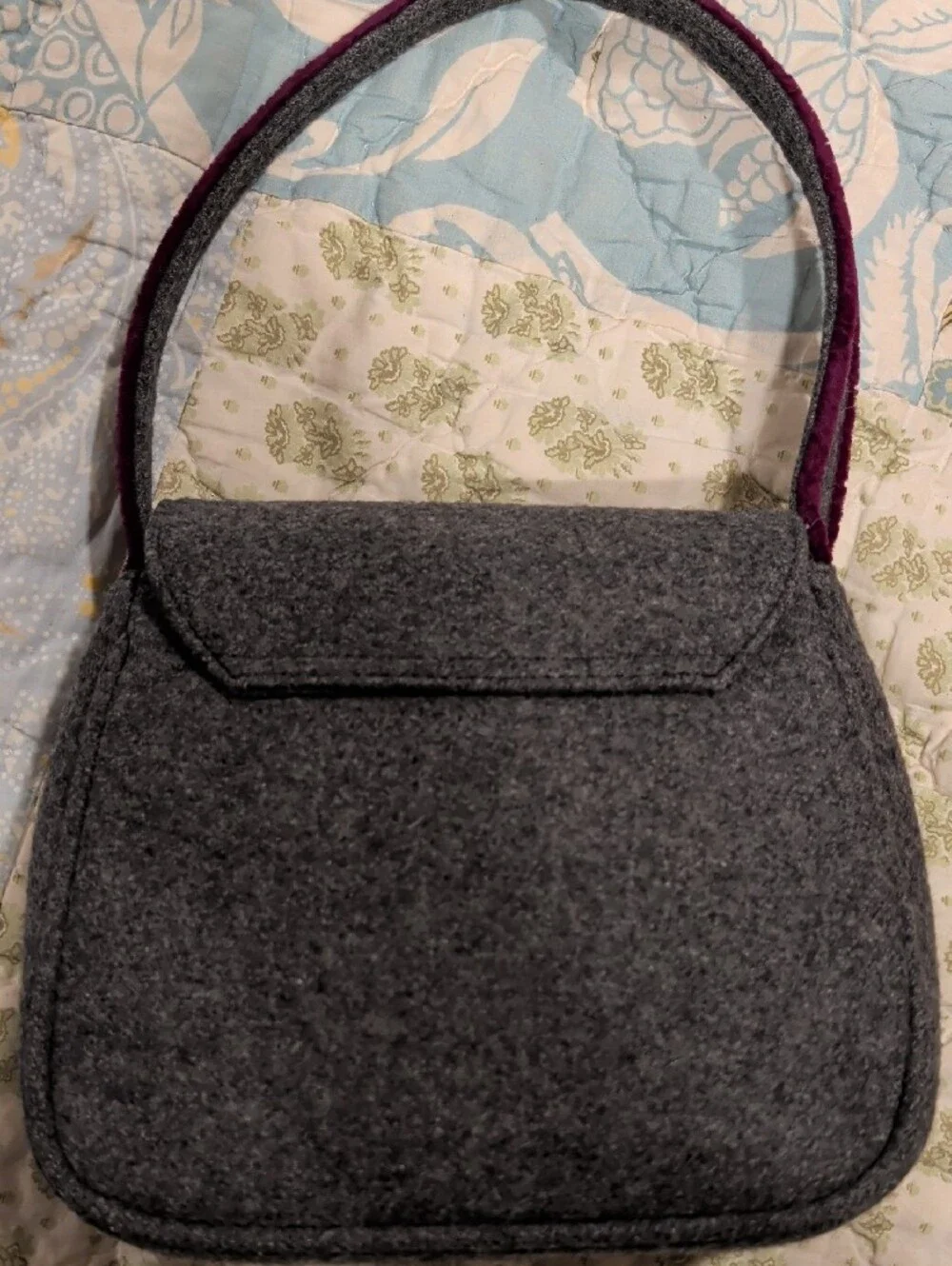 Lulu Guinness Gray Felt Tote with Pug Applique and Purple Trim